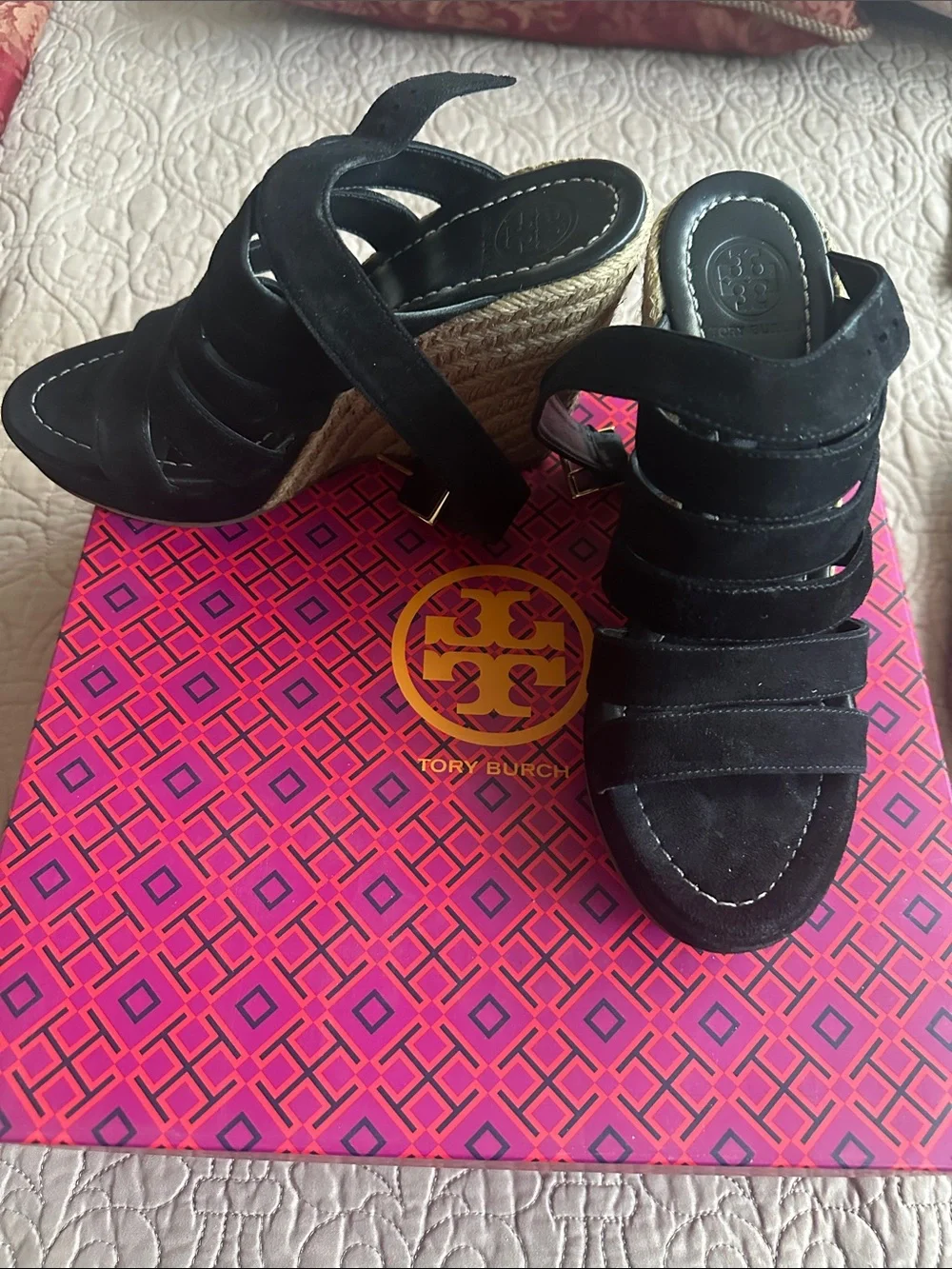 Tory Burch Black Suede Multi-Strap Wedge Mules
